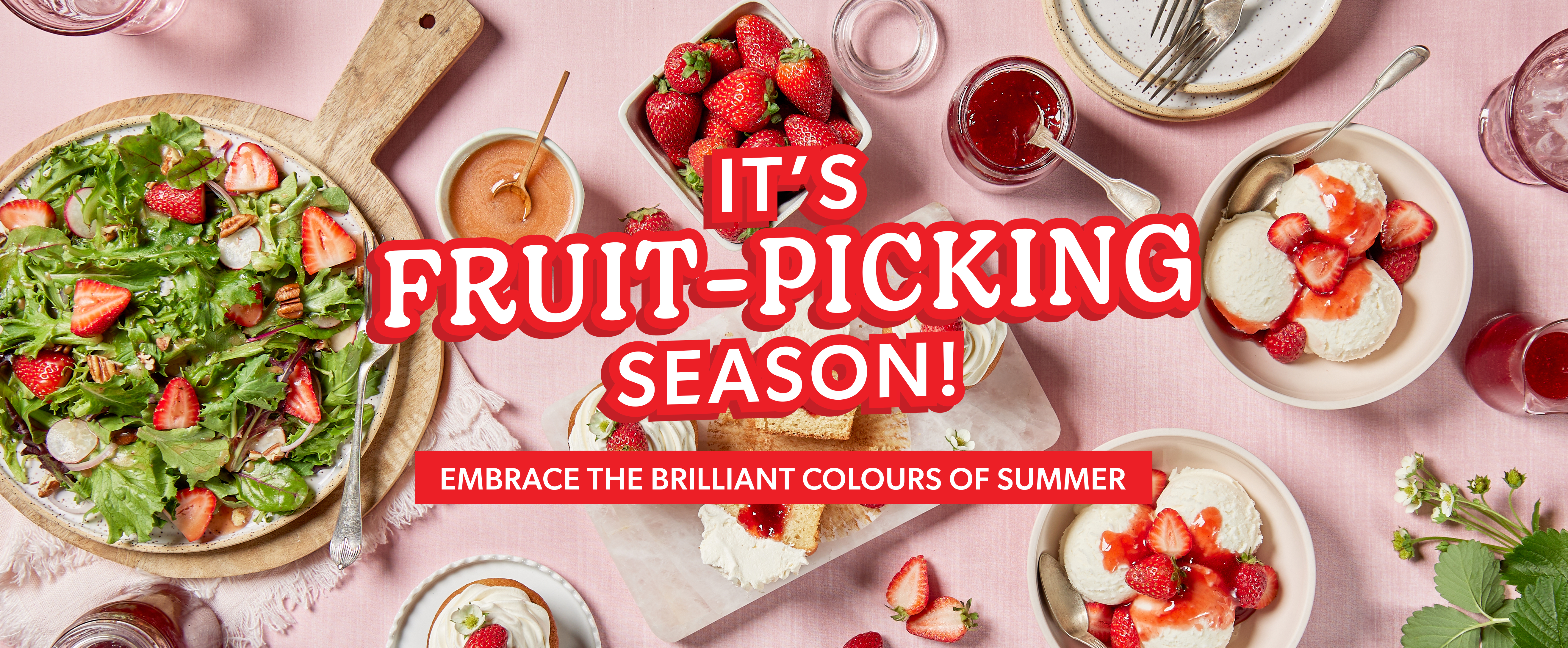 Array of dishes that use strawvberry jam with text It's fruit-picking season